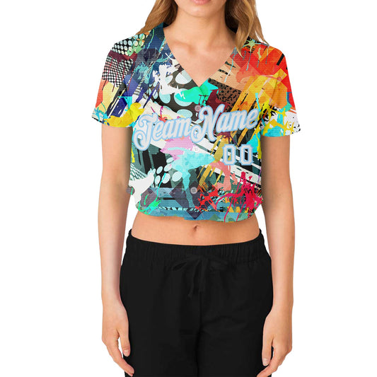 Custom Women's Graffiti Pattern White-Light Blue Colored Abstract 3D V-Neck Cropped Baseball Jersey - Sky-Custom