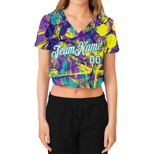 Custom Women's Graffiti Pattern White-Aqua Abstract Urban 3D V-Neck Cropped Baseball Jersey - Sky-Custom