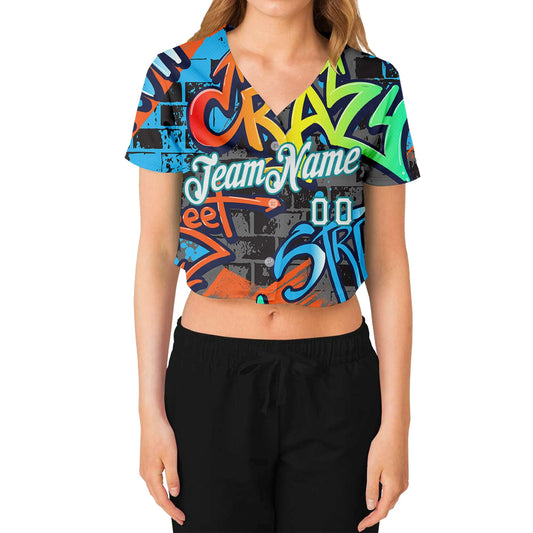 Custom Women's Graffiti Pattern White-Aqua Geometric 3D V-Neck Cropped Baseball Jersey - Sky-Custom