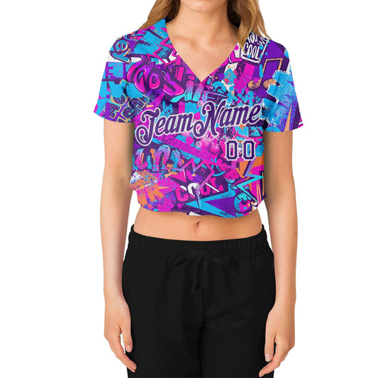 Custom Women's Graffiti Pattern Purple-White Words 3D V-Neck Cropped Baseball Jersey - Sky-Custom