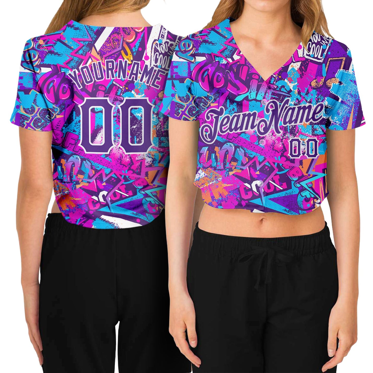 Custom Women's Graffiti Pattern Purple-White Words 3D V-Neck Cropped Baseball Jersey - Sky-Custom