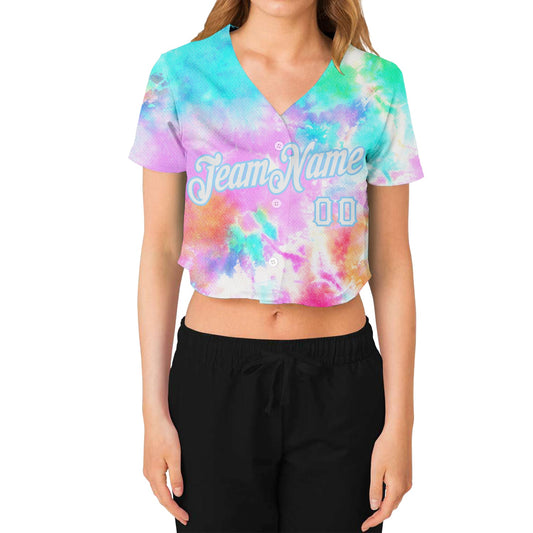 Custom Women's Tie Dye White-Light Blue Rainbow 3D V-Neck Cropped Baseball Jersey - Sky-Custom