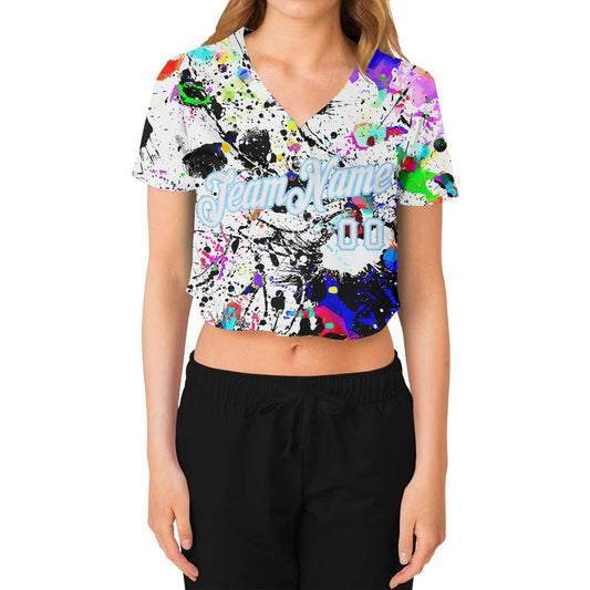 Custom Women's Graffiti Pattern White-Light Blue Splashes 3D V-Neck Cropped Baseball Jersey - Sky-Custom