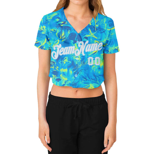 Custom Women's Graffiti Pattern White-Light Blue Scratch 3D V-Neck Cropped Baseball Jersey - Sky-Custom