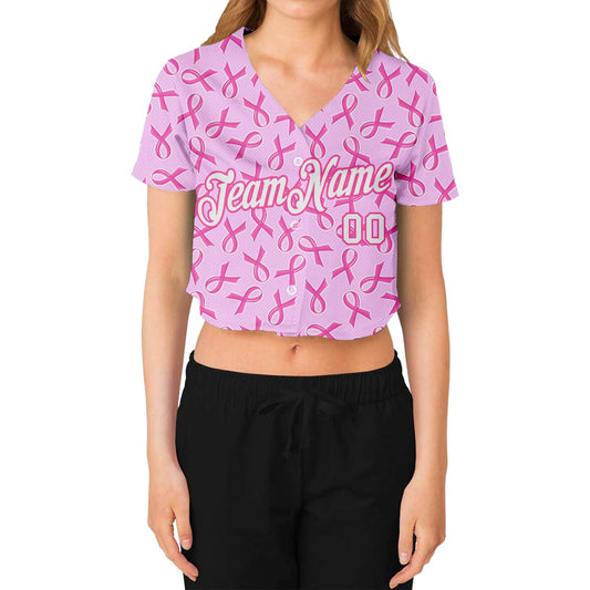 Custom Women's Pink White Breast Cancer 3D V-Neck Cropped Baseball Jersey - Sky-Custom