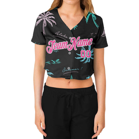 Custom Women's Black Pink-White Hawaii Palm Trees 3D V-Neck Cropped Baseball Jersey - Sky-Custom