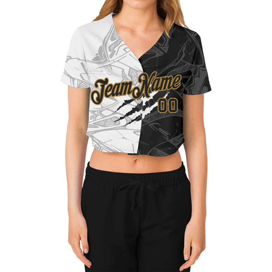 Custom Women's Graffiti Pattern Black-Old Gold Scratch 3D V-Neck Cropped Baseball Jersey - Sky-Custom