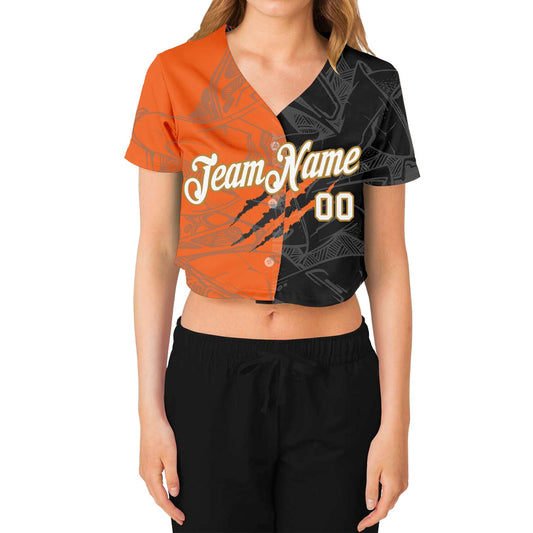 Custom Women's Graffiti Pattern White-Old Gold Scratch 3D V-Neck Cropped Baseball Jersey - Sky-Custom
