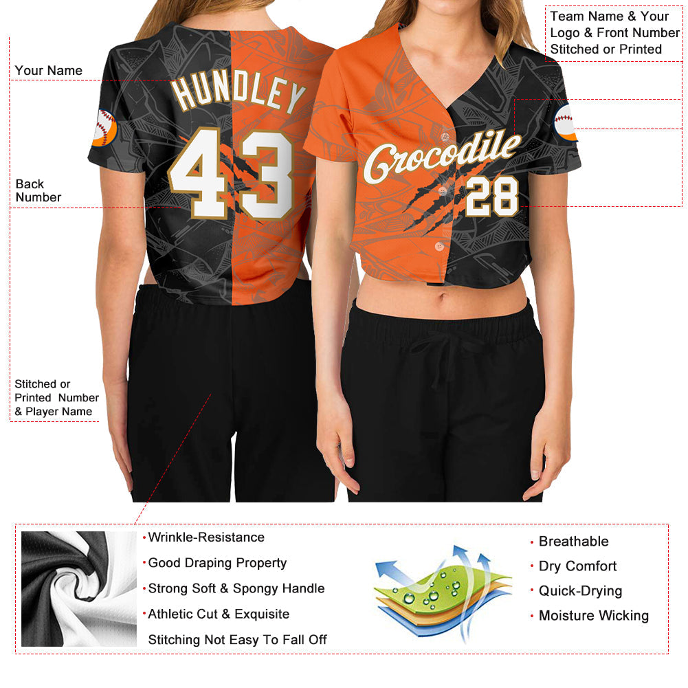 Custom Women's Graffiti Pattern White-Old Gold Scratch 3D V-Neck Cropped Baseball Jersey - Sky-Custom