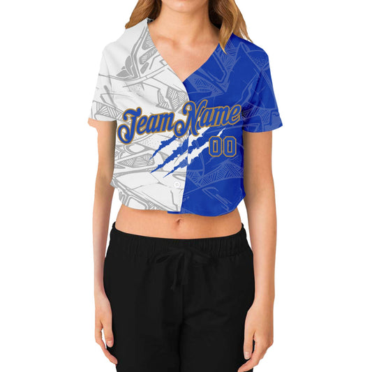 Custom Women's Graffiti Pattern Royal-Old Gold Scratch 3D V-Neck Cropped Baseball Jersey - Sky-Custom