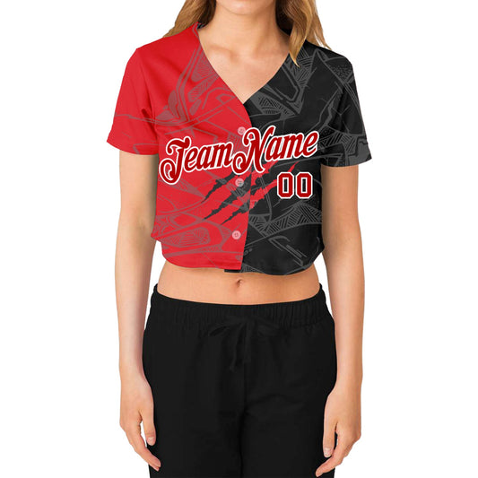 Custom Women's Graffiti Pattern Red-White Scratch 3D V-Neck Cropped Baseball Jersey - Sky-Custom