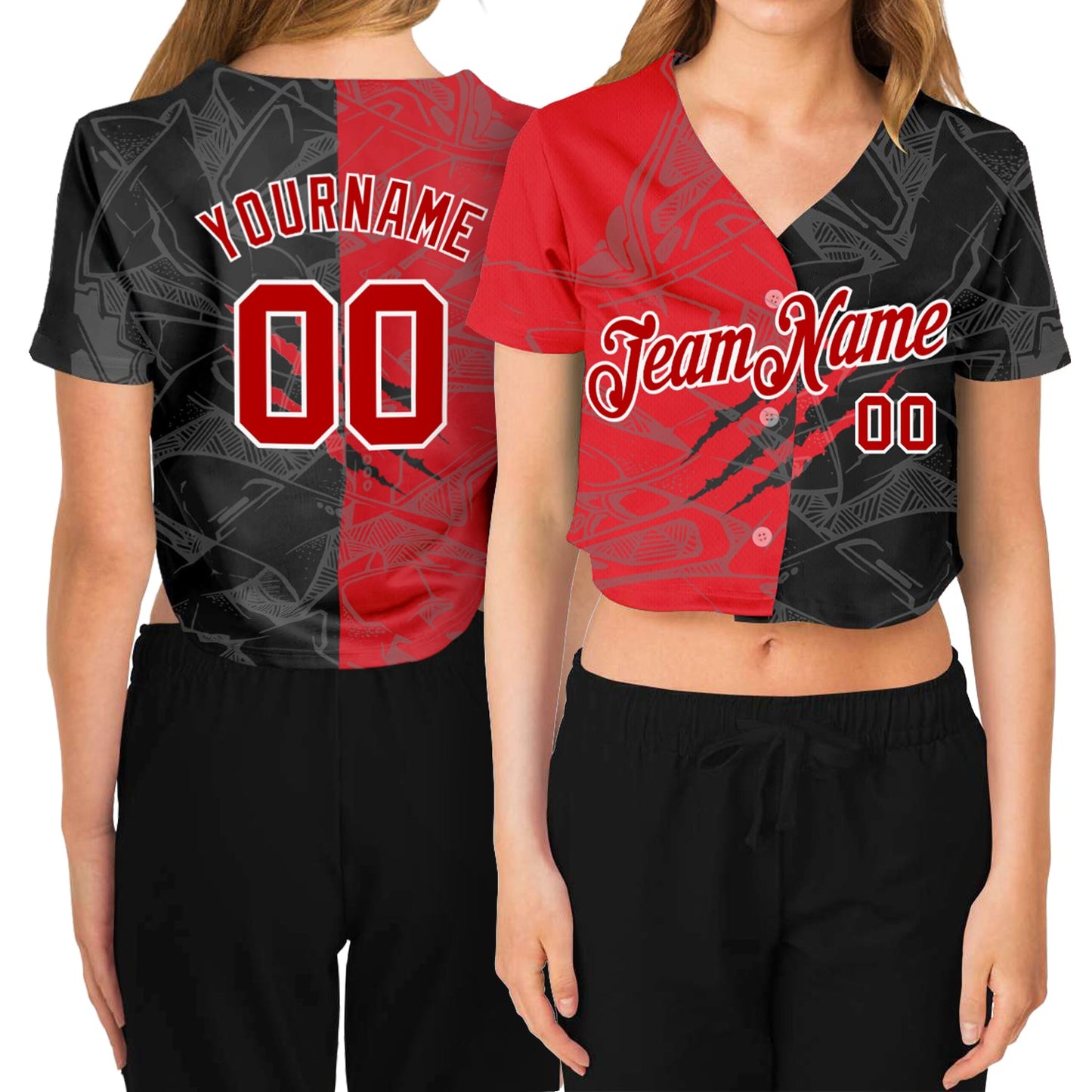 Custom Women's Graffiti Pattern Red-White Scratch 3D V-Neck Cropped Baseball Jersey - Sky-Custom