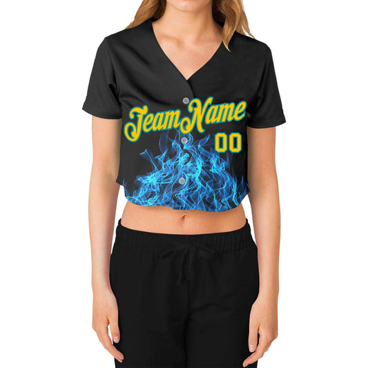 Custom Women's Black Gold-Aqua Flame 3D V-Neck Cropped Baseball Jersey - Sky-Custom
