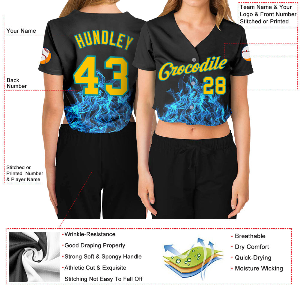 Custom Women's Black Gold-Aqua Flame 3D V-Neck Cropped Baseball Jersey - Sky-Custom