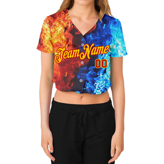 Custom Women's Red Gold Royal-Light Blue Flame 3D V-Neck Cropped Baseball Jersey - Sky-Custom