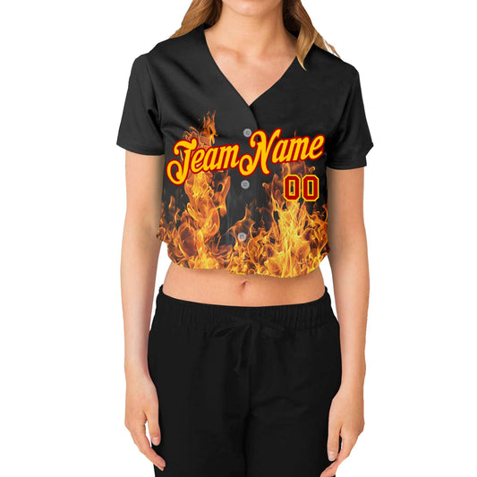 Custom Women's Black Gold-Red Flame 3D V-Neck Cropped Baseball Jersey - Sky-Custom