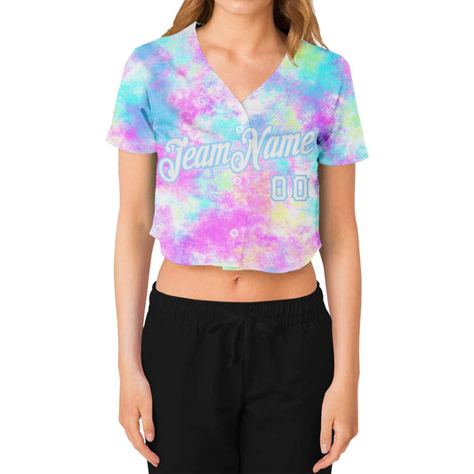 Custom Women's Tie Dye White-Light Blue Watercolor Gradient 3D V-Neck Cropped Baseball Jersey - Sky-Custom