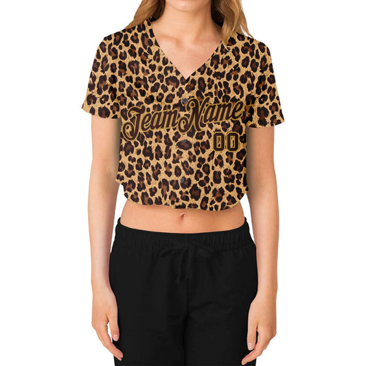 Custom Women's Brown Brown-Old Gold Leopard 3D V-Neck Cropped Baseball Jersey - Sky-Custom