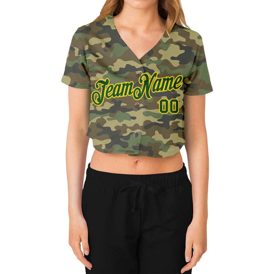 Custom Women's Camo Green-Gold Salute To Service V-Neck Cropped Baseball Jersey - Sky-Custom