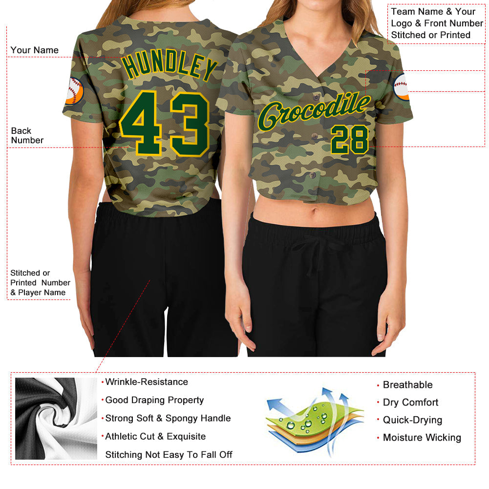 Custom Women's Camo Green-Gold Salute To Service V-Neck Cropped Baseball Jersey - Sky-Custom