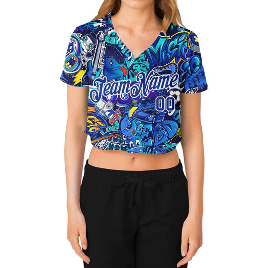 Custom Women's Graffiti Pattern Royal-White Abstract Urban Street Art 3D V-Neck Cropped Baseball Jersey - Sky-Custom