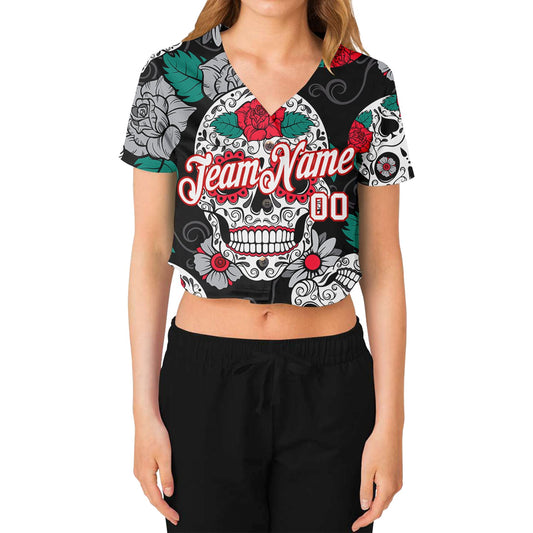 Custom Women's Graffiti Pattern White-Red Skull Fashion 3D V-Neck Cropped Baseball Jersey - Sky-Custom
