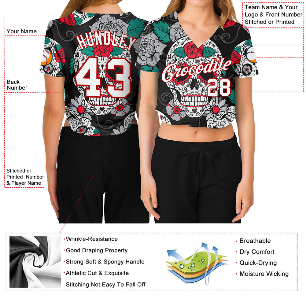 Custom Women's Graffiti Pattern White-Red Skull Fashion 3D V-Neck Cropped Baseball Jersey - Sky-Custom