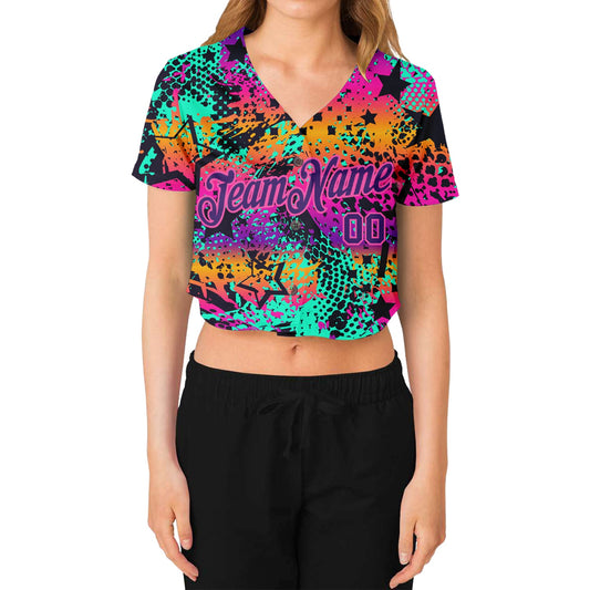 Custom Women's Graffiti Pattern Purple-Pink Bright Neon Colors 3D V-Neck Cropped Baseball Jersey - Sky-Custom