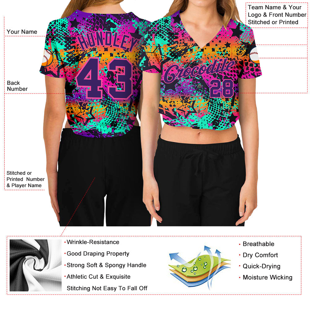Custom Women's Graffiti Pattern Purple-Pink Bright Neon Colors 3D V-Neck Cropped Baseball Jersey - Sky-Custom
