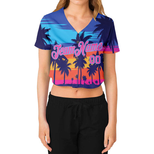 Custom Women's Royal Pink-Light Blue Hawaii Palm Trees 3D V-Neck Cropped Baseball Jersey - Sky-Custom