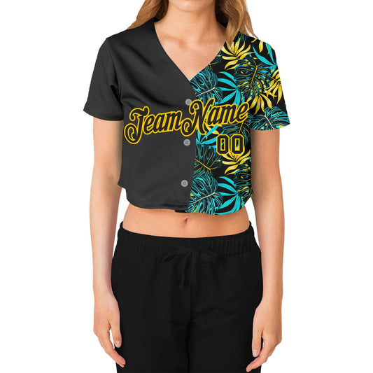 Custom Women's Black Black-Gold Tropical Palm Leaves 3D V-Neck Cropped Baseball Jersey - Sky-Custom