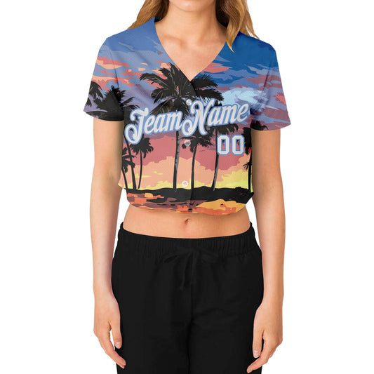 Custom Women's Light Blue White-Light Blue Hawaii Palm Trees 3D V-Neck Cropped Baseball Jersey - Sky-Custom