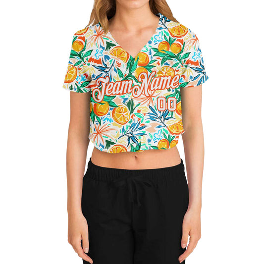 Custom Women's White White-Orange Fruits 3D V-Neck Cropped Baseball Jersey - Sky-Custom