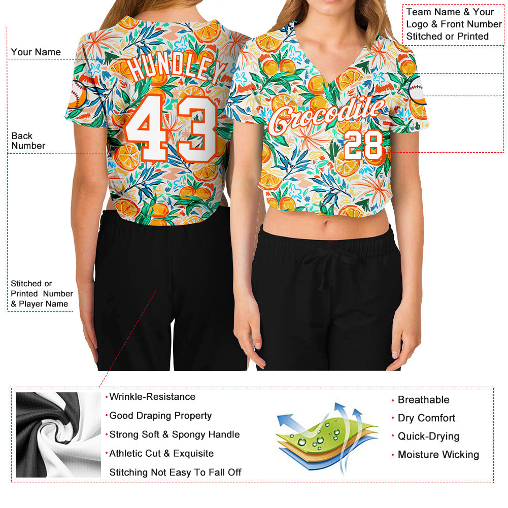 Custom Women's White White-Orange Fruits 3D V-Neck Cropped Baseball Jersey - Sky-Custom