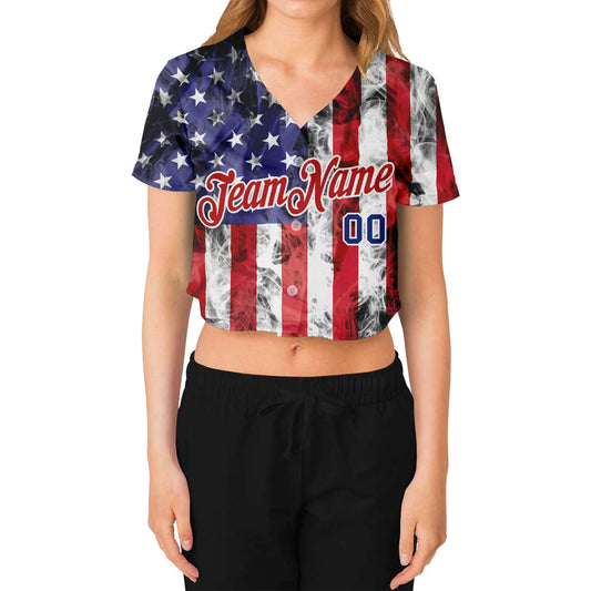 Custom Women's White Royal-Red American Flag Fashion 3D V-Neck Cropped Baseball Jersey - Sky-Custom