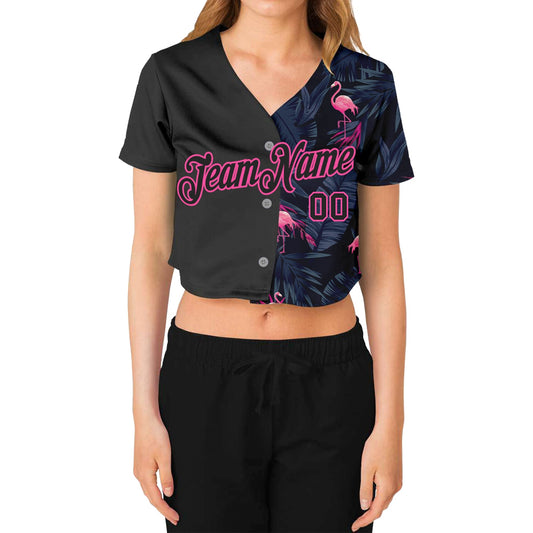 Custom Women's Black Black-Pink Flamingo 3D V-Neck Cropped Baseball Jersey - Sky-Custom