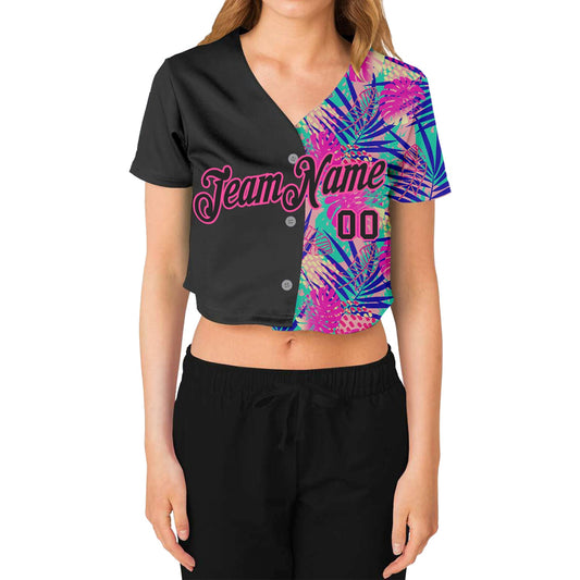 Custom Women's Black Black-Pink Summer 3D V-Neck Cropped Baseball Jersey - Sky-Custom