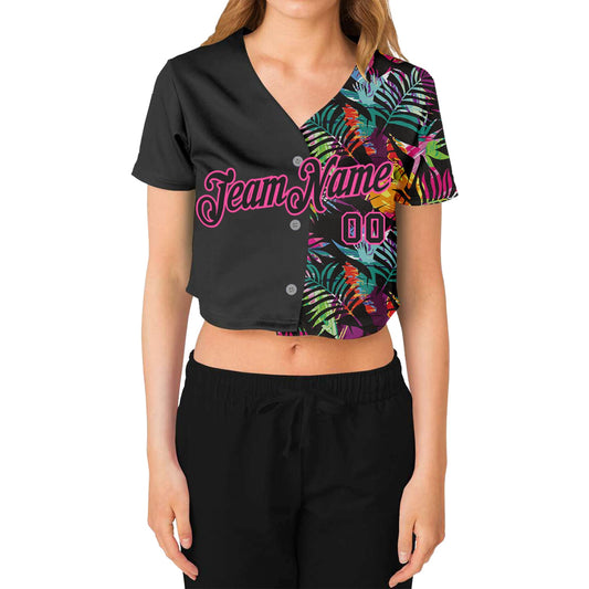 Custom Women's Black Black-Pink Tropical Palm Leaves 3D V-Neck Cropped Baseball Jersey - Sky-Custom