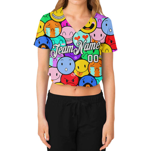 Custom Women's Colorful White-Black Emoji 3D V-Neck Cropped Baseball Jersey - Sky-Custom