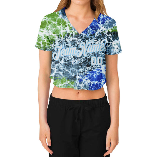 Custom Women's Tie Dye White-Light Blue Abstract Art 3D V-Neck Cropped Baseball Jersey - Sky-Custom