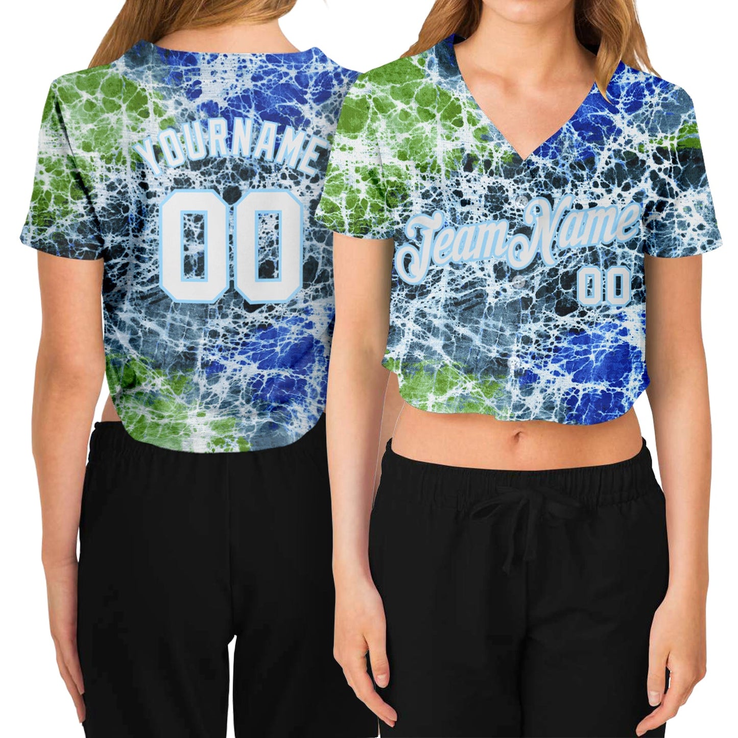 Custom Women's Tie Dye White-Light Blue Abstract Art 3D V-Neck Cropped Baseball Jersey - Sky-Custom