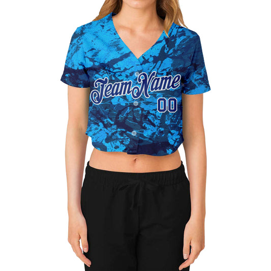 Custom Women's Graffiti Pattern Royal-White Abstract Ink Handmade Art 3D V-Neck Cropped Baseball Jersey - Sky-Custom