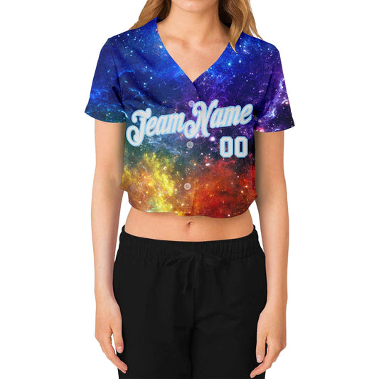 Custom Women's Galactic White-Light Blue 3D V-Neck Cropped Baseball Jersey - Sky-Custom