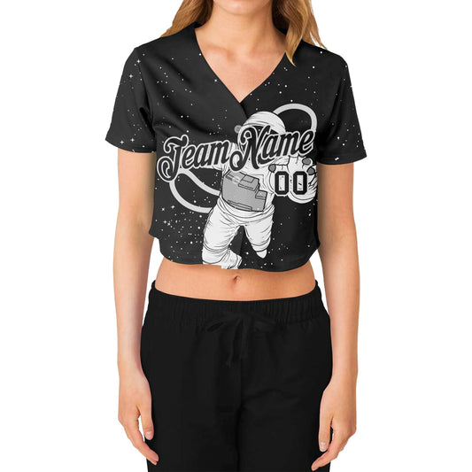 Custom Women's Black Black-White Astronaut 3D V-Neck Cropped Baseball Jersey - Sky-Custom