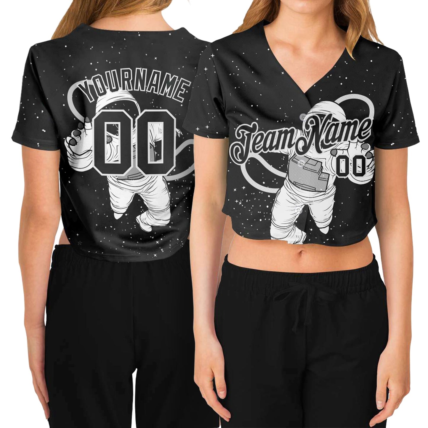 Custom Women's Black Black-White Astronaut 3D V-Neck Cropped Baseball Jersey - Sky-Custom