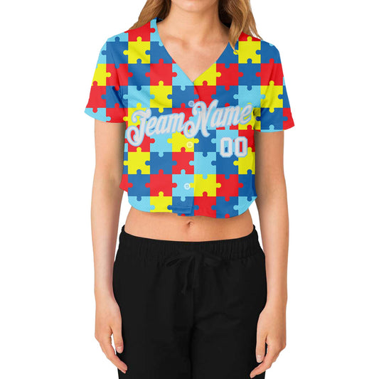 Custom Women's Autism Awareness Puzzle Pieces White-Light Blue 3D V-Neck Cropped Baseball Jersey - Sky-Custom