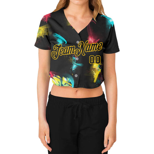 Custom Women's Graffiti Pattern Black-Gold 3D V-Neck Cropped Baseball Jersey - Sky-Custom