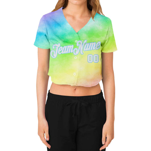 Custom Women's Tie Dye White-Light Blue Rainbow 3D V-Neck Cropped Baseball Jersey - Sky-Custom