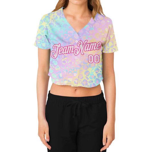 Custom Women's Pink White Leopard 3D V-Neck Cropped Baseball Jersey - Sky-Custom