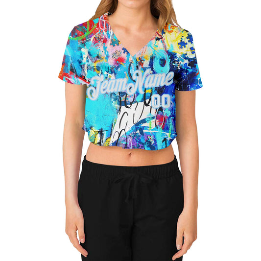 Custom Women's Graffiti Pattern White-Light Blue Multi Colored Mixed Media Art 3D V-Neck Cropped Baseball Jersey - Sky-Custom